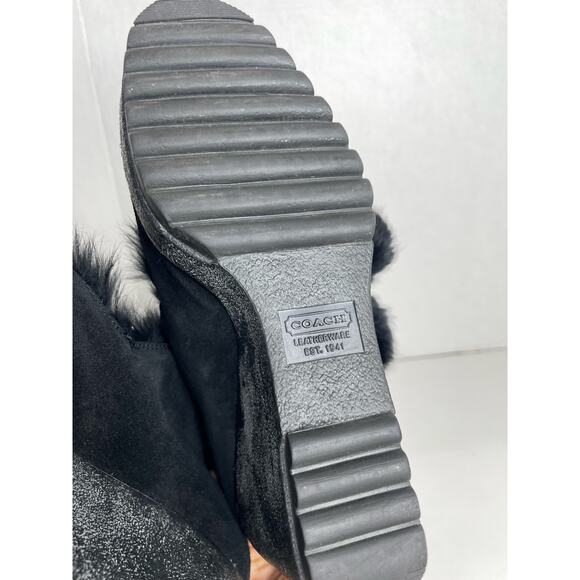 COACH Kataya Boot Black Suede Rabbit Fur Trim Lace Up Wedge Booties Size 6.5 - Picture 6 of 8